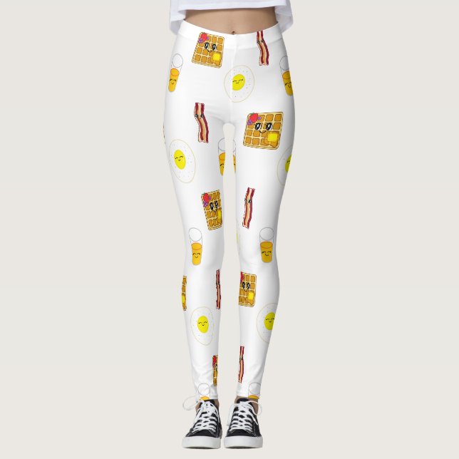 Breakfast Food, Fried Eggs, Waffles, Bacon Leggings (Front)