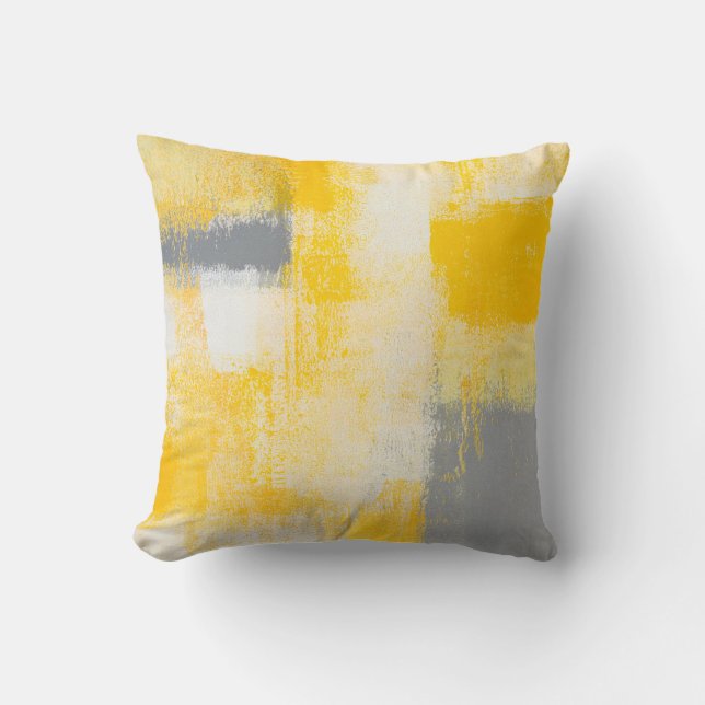 'Breakfast' Grey and Yellow Abstract Art Pillow (Front)
