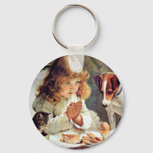 Breakfast in Bed: Girl, Terrier and Kitty Cat Keychain