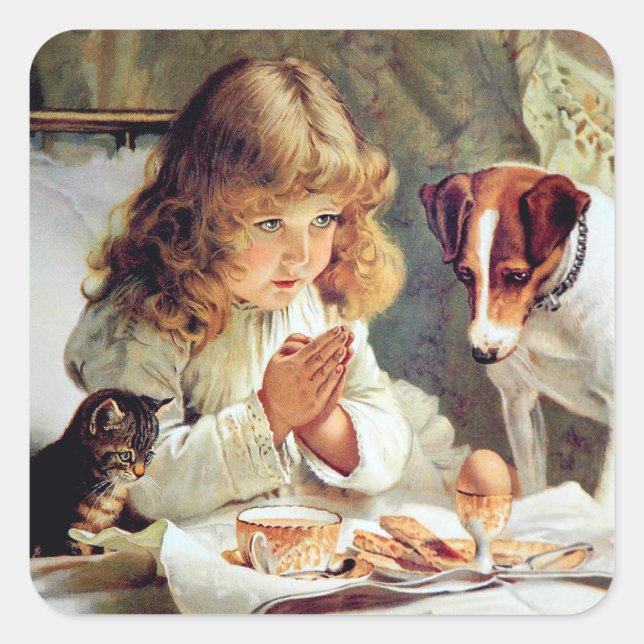 Breakfast in Bed: Girl, Terrier and Kitty Cat Square Sticker (Front)