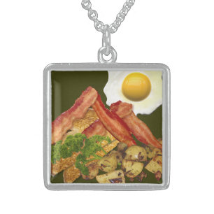 Breakfast Landscape Bacon Eggs Sterling Silver Necklace