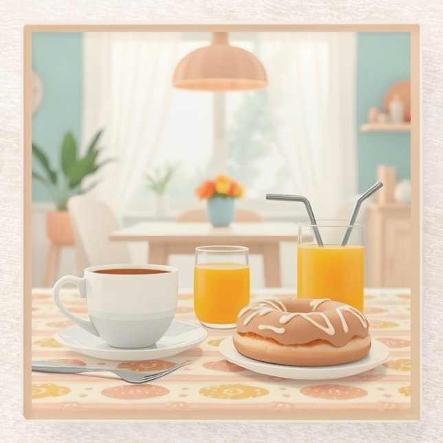 Breakfast Morning Coffee Doughnut Glass Coaster (Front)