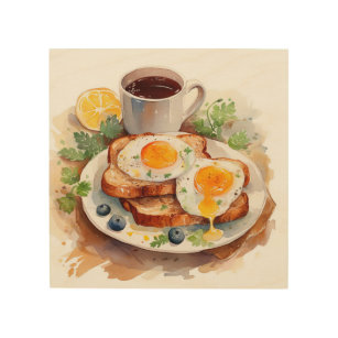 Breakfast O'Clock Egg Toast n Coffee Wood Wall Art