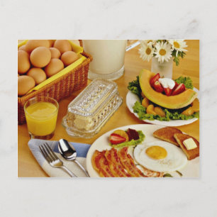Breakfast of bacon, eggs and pitcher of milk flow postcard