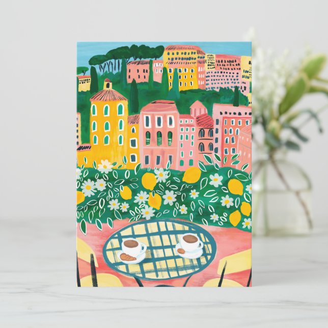 Breakfast on the Terrace Whimsical City Painting  Card (Standing Front)
