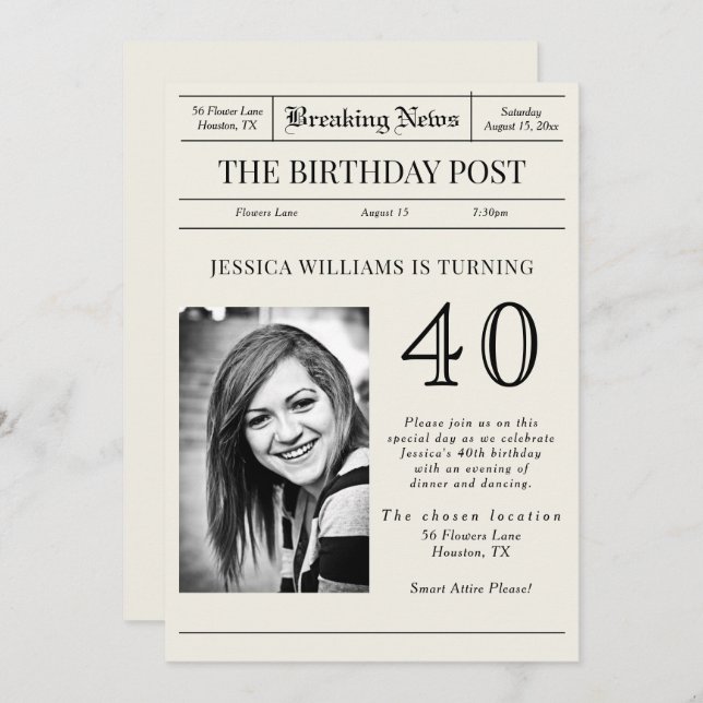 "Breaking News" Birthday Post Photo Invitation (Front/Back)