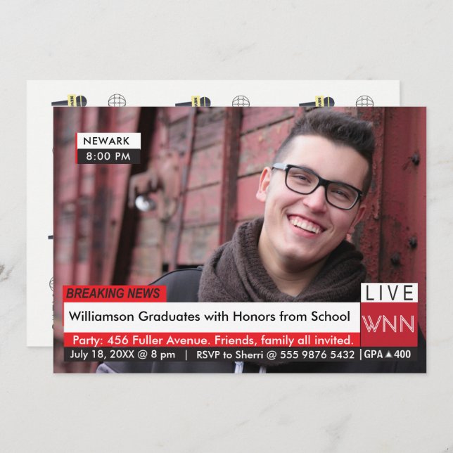 Breaking News Graduation 🚨 Specialized TV Graphic Invitation (Front/Back)