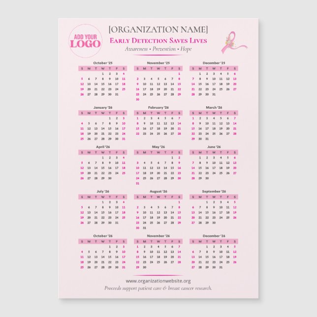 Breast Cancer Awareness 15-Month Ribbon Calendar (Front)