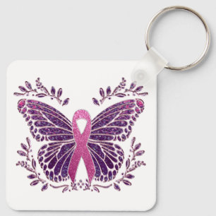 Breast Cancer Awareness Butterfly Floral Border Keychain