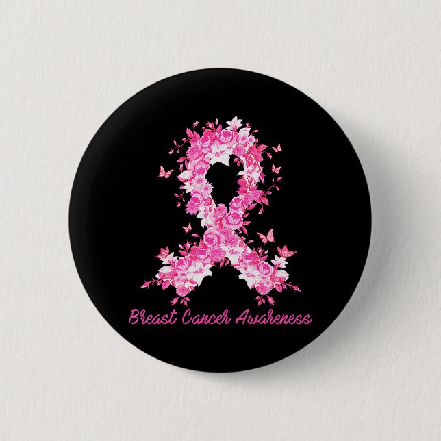 Breast Cancer Awareness Butterfly Floral Pink 2 Inch Round Button (Front)