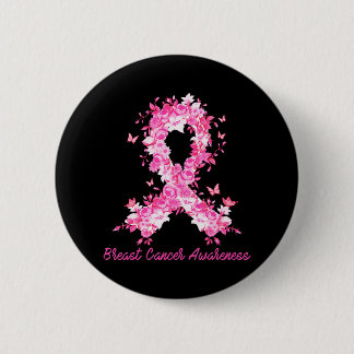 Breast Cancer Awareness Butterfly Floral Pink 2 Inch Round Button