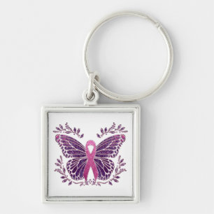 Breast Cancer Awareness Butterfly With Floral Bord Keychain
