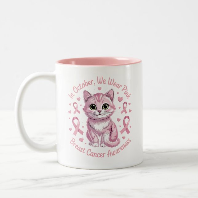Breast Cancer Awareness Cat in October We Wear Two-Tone Coffee Mug (Left)