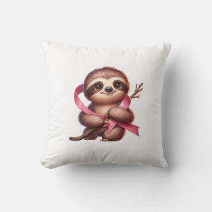 Breast Cancer Awareness Cute Sloth Pink Ribbon Ani Throw Pillow
