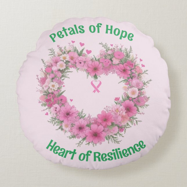 Breast Cancer Awareness Floral Heart Round Pillow (Front)