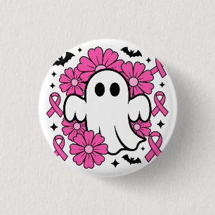 Breast Cancer Awareness Ghost with Pink Flowers 1 Inch Round Button