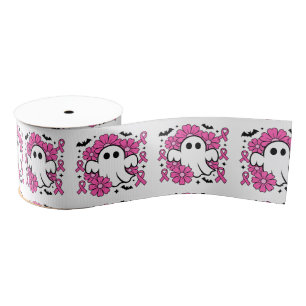 Breast Cancer Awareness Ghost with Pink Flowers Grosgrain Ribbon