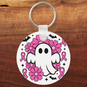 Breast Cancer Awareness Ghost with Pink Flowers Keychain