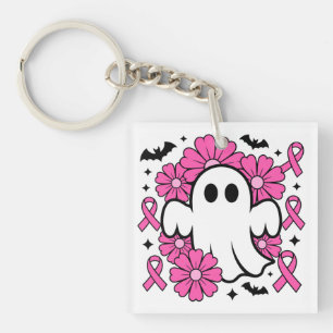 Breast Cancer Awareness Ghost with Pink Flowers Keychain