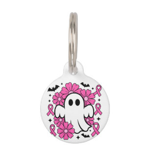 Breast Cancer Awareness Ghost with Pink Flowers Pet Tag