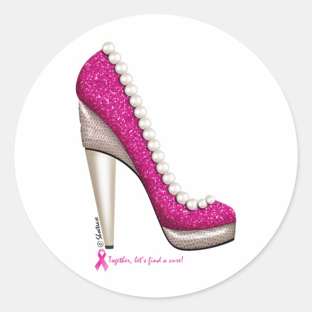 Breast Cancer Awareness Glitter Pearl Pump Classic Round Sticker (Front)