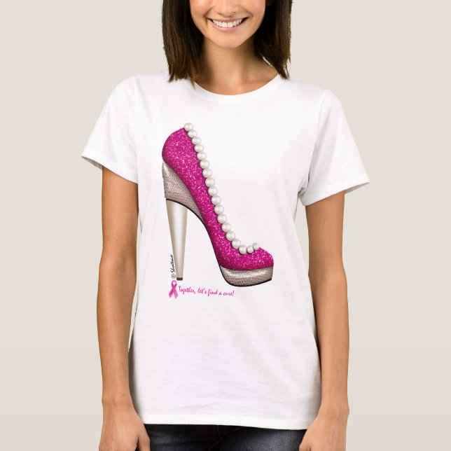 Breast Cancer Awareness Glitter Pearl Pump T-Shirt (Front)