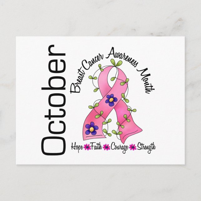 Breast Cancer Awareness Month Flower Ribbon 1 Postcard (Front)