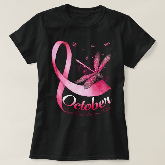 Breast Cancer Awareness October Ribbon Dragonfly T-Shirt (Design Front)