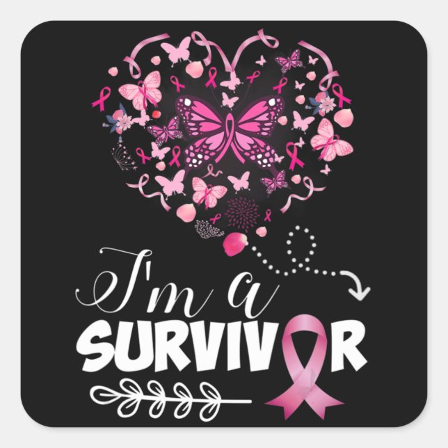 Breast Cancer Awareness Pink Butterfly Heart I'm A Square Sticker (Front)