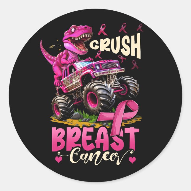 Breast Cancer Awareness Pink Dinosaur Riding Monst Classic Round Sticker (Front)