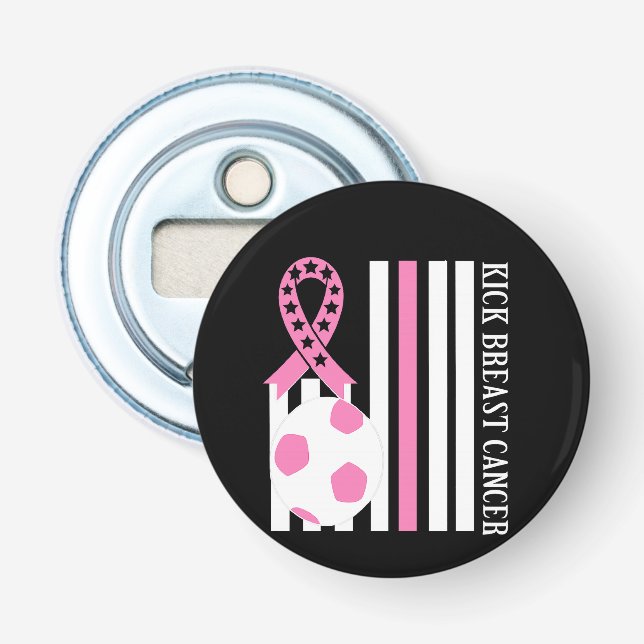 Breast Cancer Awareness Pink Ribbon Pin Button Bottle Opener (Front)
