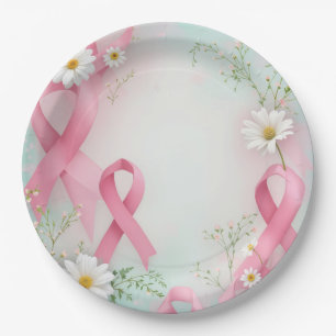 Breast Cancer Awareness Pink Ribbons and Daisies Paper Plate