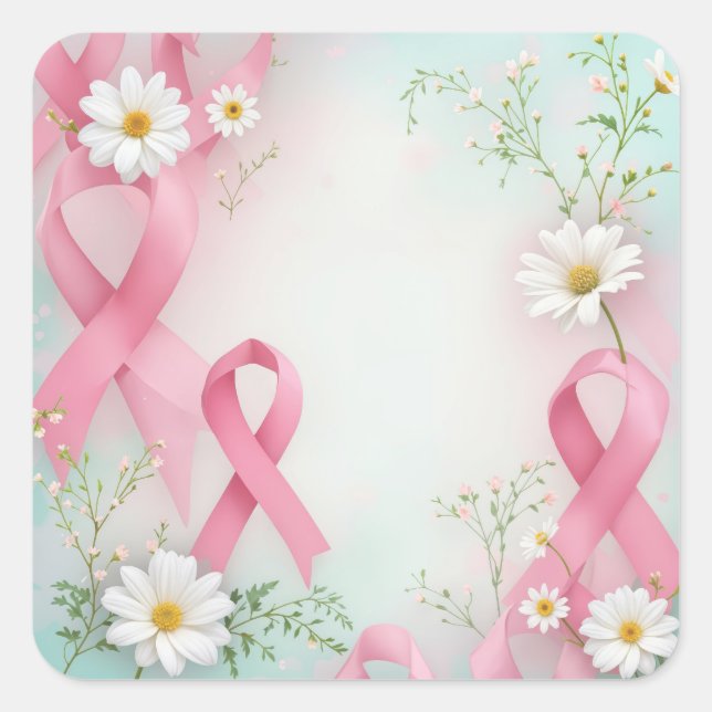 Breast Cancer Awareness Pink Ribbons and Daisies Square Sticker (Front)