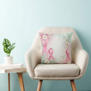 Breast Cancer Awareness Pink Ribbons and Daisies Throw Pillow