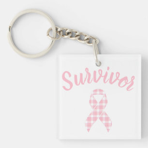 Breast Cancer Awareness Plaid Pink Ribbon Survivor Keychain