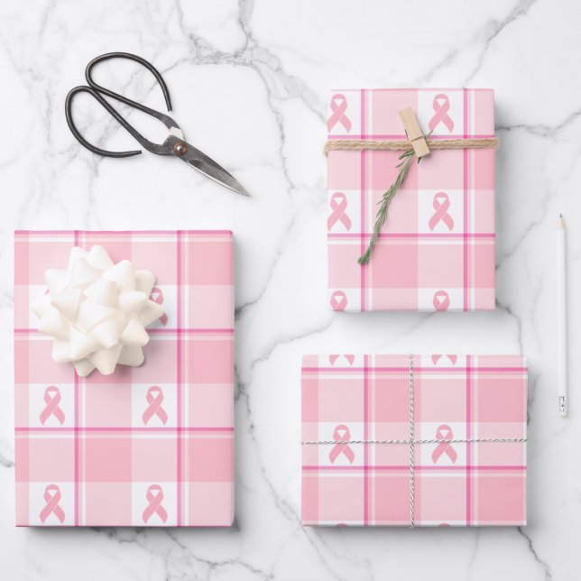 Breast Cancer Awareness Plaid Wrapping Paper, Pink Wrapping Paper Sheet (Front)