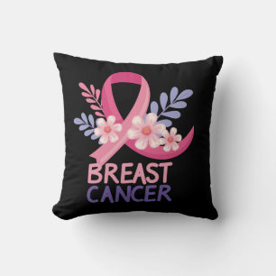 Breast Cancer Awareness Ribbon Floral Art Throw Pillow