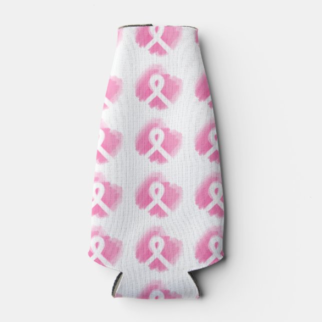 Breast Cancer Awareness Ribbon Watercolor Bottle Cooler (Front)