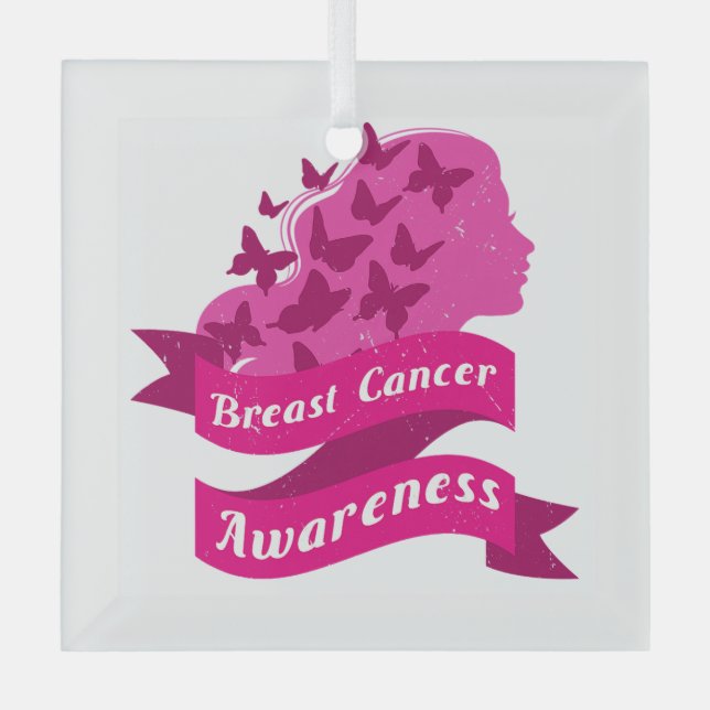 breast cancer awareness womens butterfly pink octo glass ornament (Front)