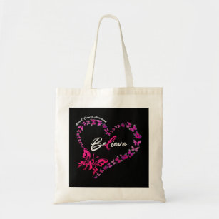 Breast Cancer Butterfly Heart Beleive Pink Ribbon  Tote Bag