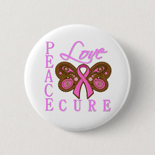 Breast Cancer Butterfly Peace Love Cure 2 Inch Round Button