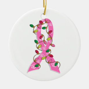 Breast Cancer Christmas Lights Ribbon Ceramic Ornament