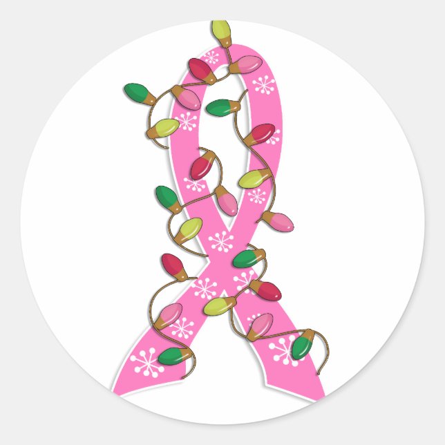 Breast Cancer Christmas Lights Ribbon Classic Round Sticker (Front)