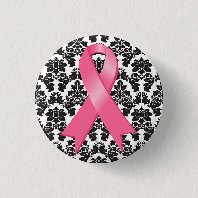 Breast Cancer Damask Pink Ribbon 1 Inch Round Button (Front)