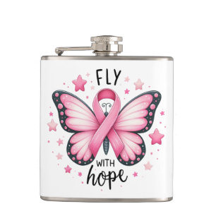 Breast Cancer Fighter Pink Ribbon Butterfly Hip Flask