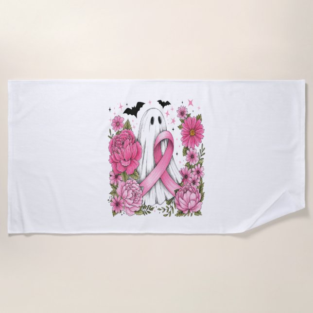 Breast Cancer Halloween Ghost Boho Beach Towel (Front)