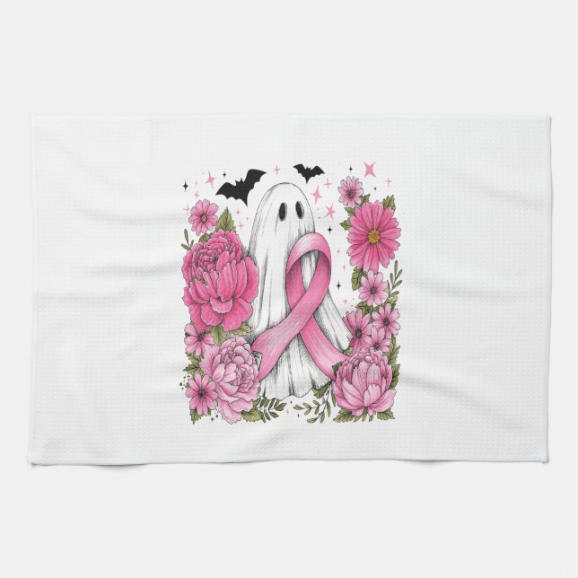 Breast Cancer Halloween Ghost Boho Kitchen Towel (Horizontal)