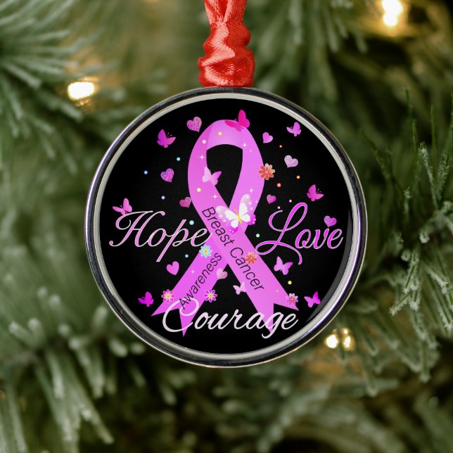 Breast Cancer Hope Love Courage Metal Ornament (Tree)