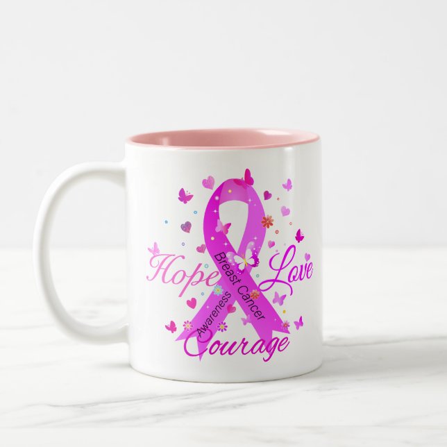 Breast Cancer Hope Love Courage Two-Tone Coffee Mug (Left)