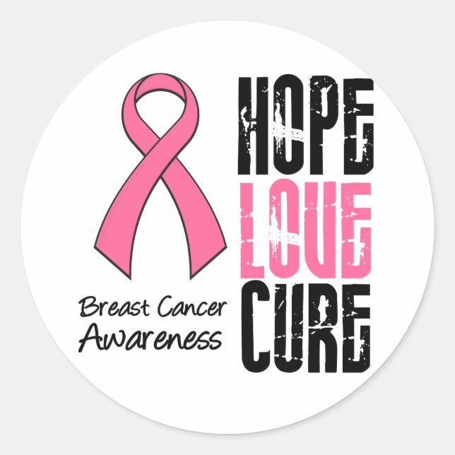 Breast Cancer Hope Love Cure Ribbon Classic Round Sticker (Front)
